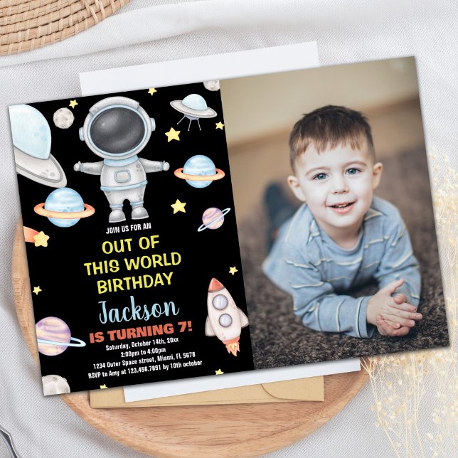 Yellow Black Photo Outer Space Birthday Invitation (Yellow Black Photo Outer Space Birthday Invitation)