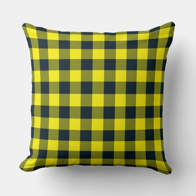 Yellow Black Plaid Checker Pattern Throw Pillow (Front)