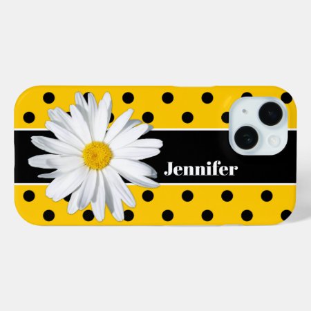 Yellow, Black Polka Dots, Daisy Flower Iphone Case