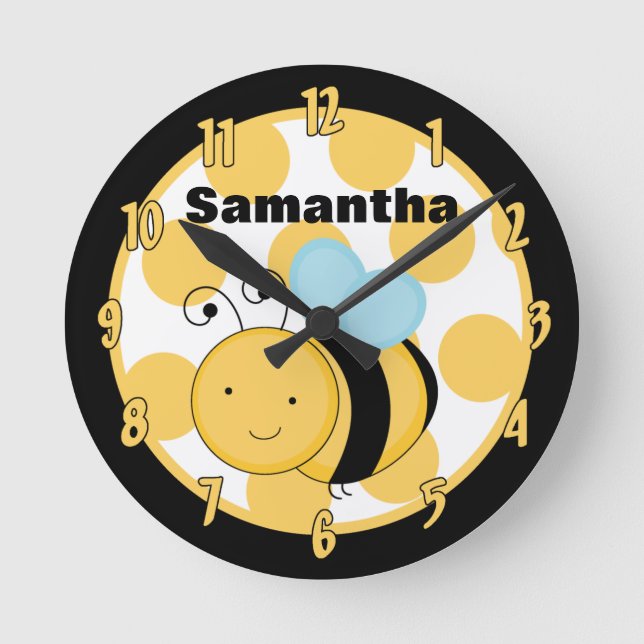 Yellow & Black Polkadot Honey Bumble Bee Clock (Front)