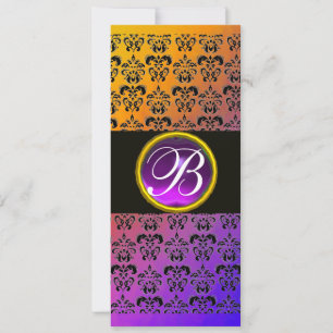 YELLOW BLACK PURPLE DAMASK AMETHYST MONOGRAM INVITATION