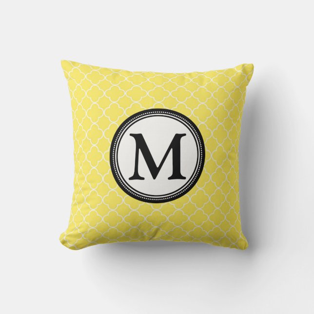 Yellow Black Quatrefoil Monogram Decorative Pillow (Front)