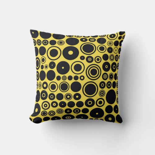 Yellow Black Retro Circles Throw Pillow