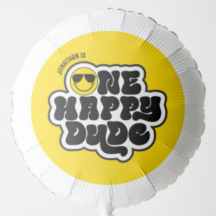 Yellow Black Retro One Happy Dude 1st Birthday Balloon