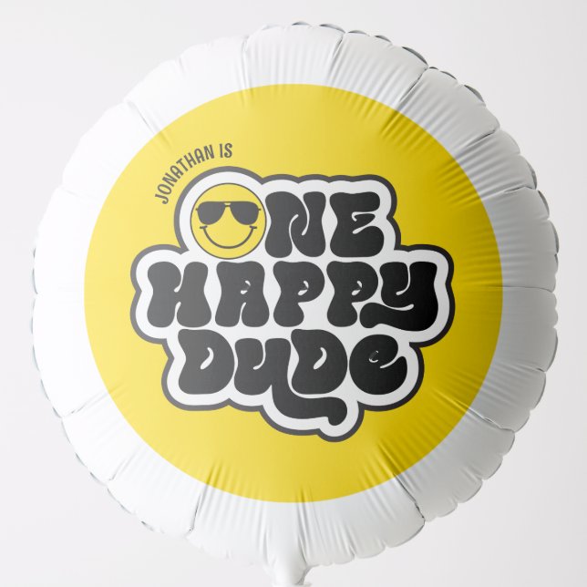 Yellow Black Retro One Happy Dude 1st Birthday Balloon (Front)