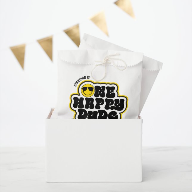 Yellow Black Retro One Happy Dude 1st Birthday Favor Bag (Party)