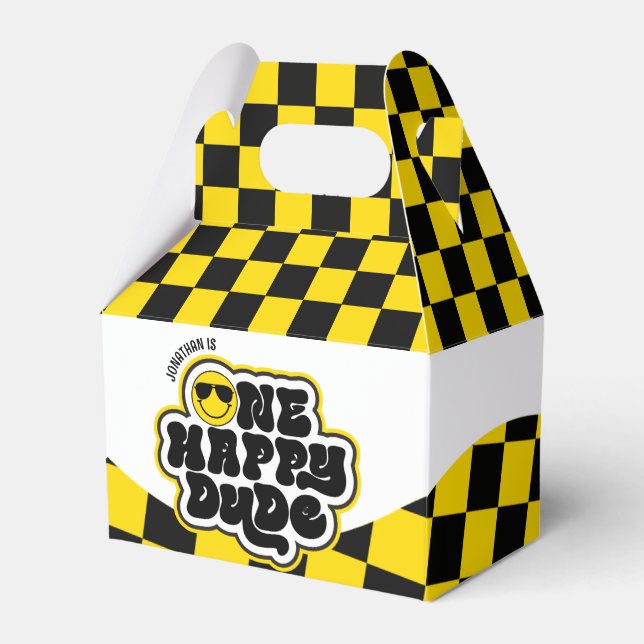 Yellow Black Retro One Happy Dude 1st Birthday Favor Boxes (Front Side)