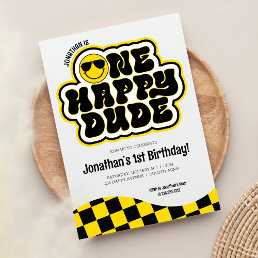 Yellow Black Retro One Happy Dude 1st Birthday Invitation