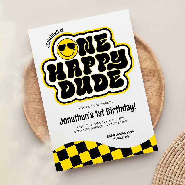 Yellow Black Retro One Happy Dude 1st Birthday Invitation (Creator Uploaded)