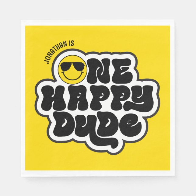 Yellow Black Retro One Happy Dude 1st Birthday Napkins (Front)