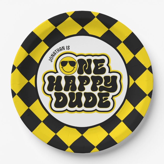 Yellow Black Retro One Happy Dude 1st Birthday Paper Plates (Front)