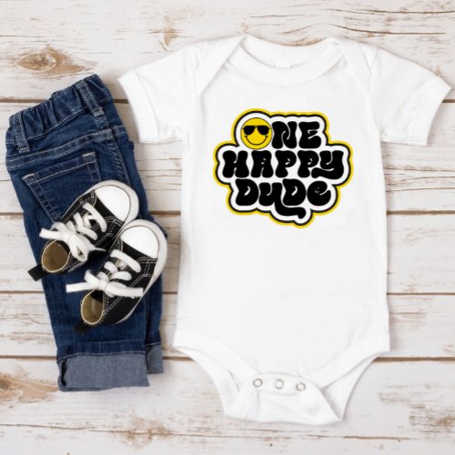 Yellow Black Retro One Happy Dude First Birthday Baby Bodysuit