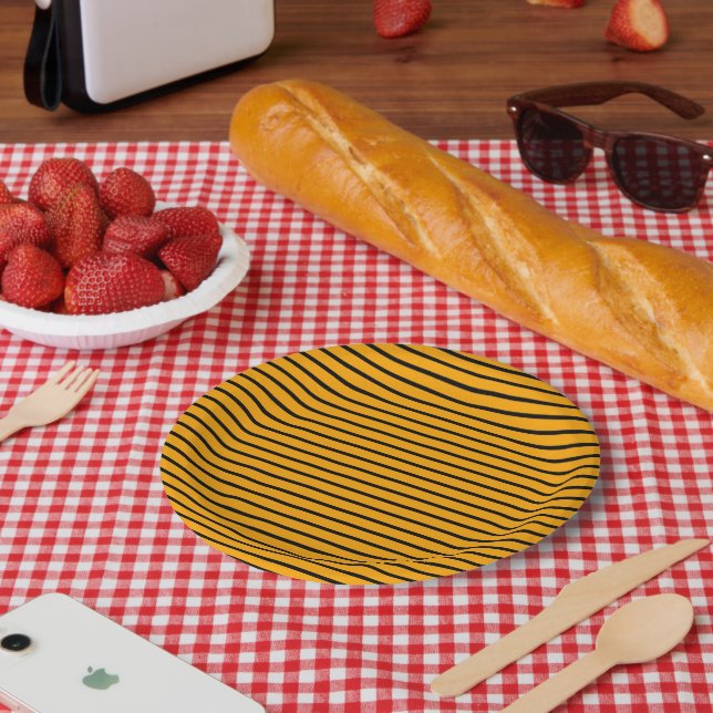 Yellow Black Retro Stripe Pattern Paper Plates (Picnic)