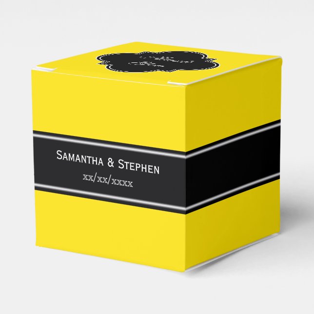 Yellow, Black Ribbon Name Monogram Favor Boxes (Front Side)