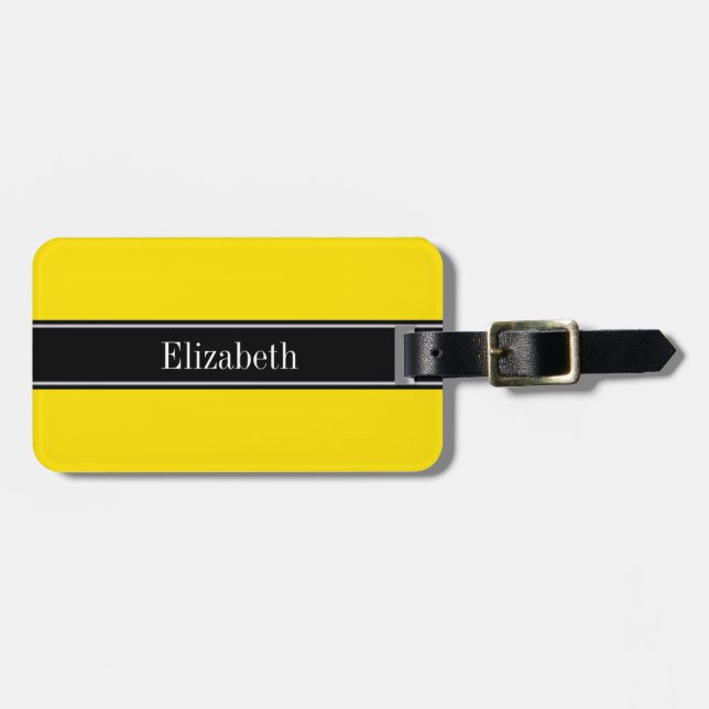 Yellow, Black Ribbon Name Monogram Luggage Tag (Front Horizontal)