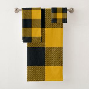 Yellow Black Rustic Buffalo Plaid Checkered Checks Bath Towel Set