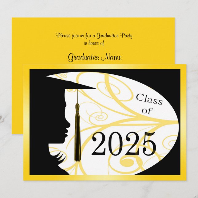 Yellow & Black Silhouette 2025 Graduation Party Invitation (Front/Back)