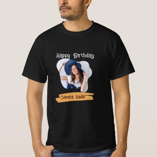 Yellow & Black Simple Happy Birthday Photo  T-Shirt (Front)