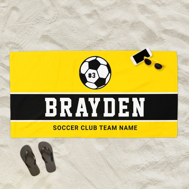 Yellow Black Soccer Player Custom Name Beach Towel (Creator Uploaded)