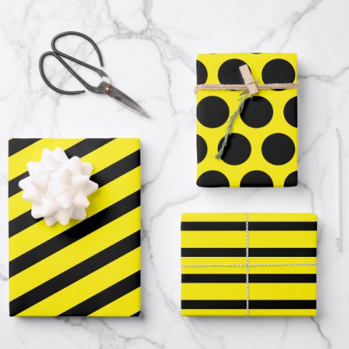 Yellow Black Striped Polka Dot Wrapping Paper Sheets