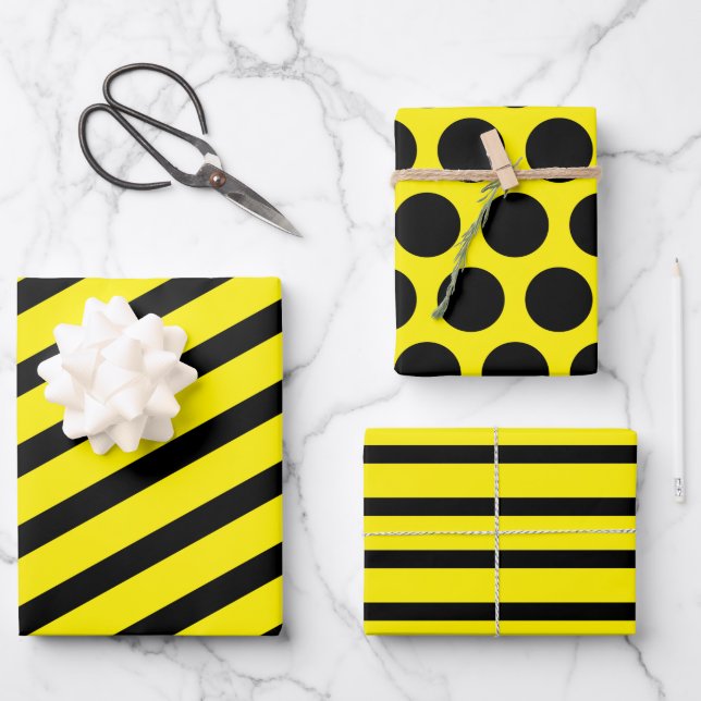 Yellow Black Striped Polka Dot Wrapping Paper Sheets (Front)
