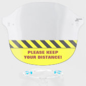 Yellow, Black Stripes; "PLEASE KEEP YOUR DISTANCE" Face Shield (Front w/Glasses)