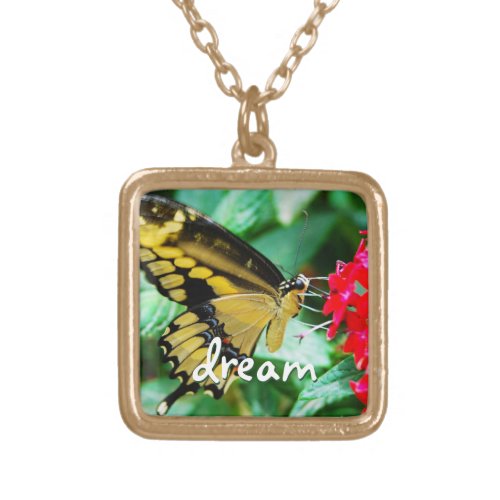 Yellow Black Swallowtail Butterfly Dream Script Gold Plated Necklace
