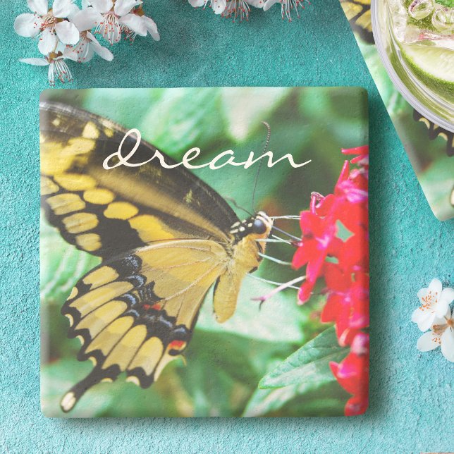 Yellow Black Swallowtail Butterfly Dream Script Stone Coaster (Creator Uploaded)
