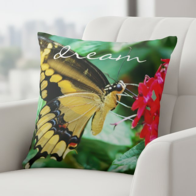 Yellow Black Swallowtail Butterfly Dream Script Throw Pillow (Creator Uploaded)