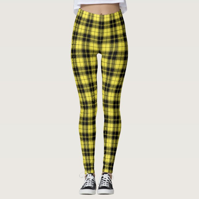 Yellow Black Tartan Plaid Pattern  Leggings (Front)