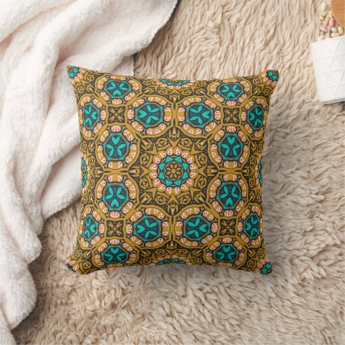 Yellow Black Teal Geometric Mandela Pattern Throw Pillow