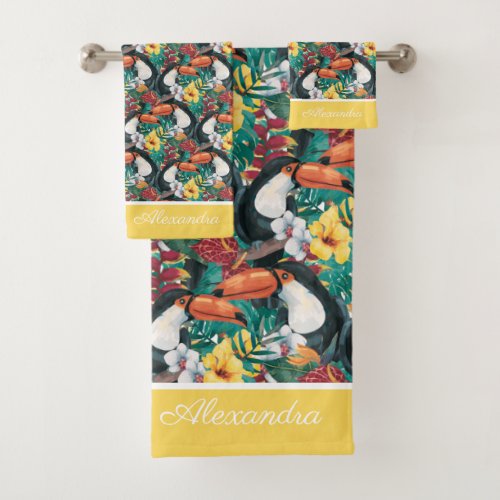 Yellow Black Toucan Monogram Tropical Flower  Bath Towel Set