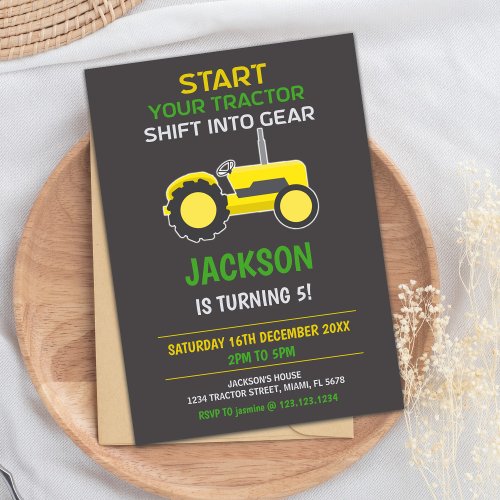 Yellow Black Tractor Birthday Invitations