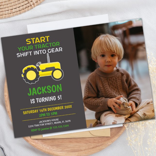 Yellow & Black Tractor Birthday Invitations (Yellow Black Tractor Birthday Invitations w Photo)