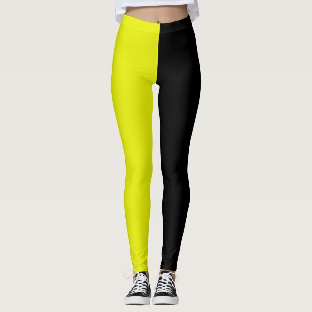 Yellow Black Two Tone Half Color Split Leggings (Front)