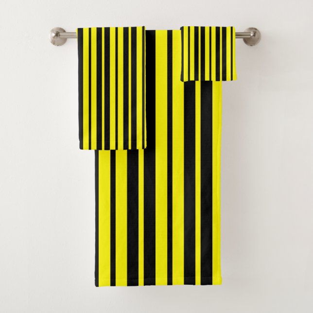 Yellow Black Vertical Stripes Pattern Bath Towel Set (Insitu)