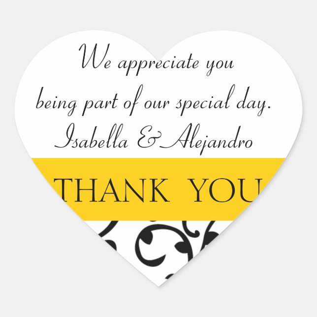 Yellow, Black Wedding Favor Thank You Message Heart Sticker (Front)