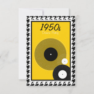 Yellow,, black, white and checkered 1950s theme RSVP card