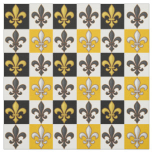 Yellow Black White Checkered Fleur-de-lis Design  Fabric