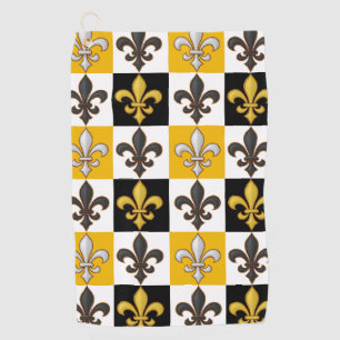 Yellow Black White Checkered Fleur-de-lis Design Golf Towel