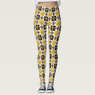 Yellow Black White Checkered Fleur-de-lis Design Leggings