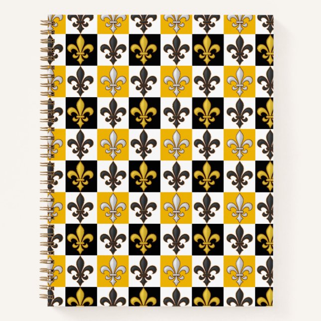 Yellow Black White Checkered Fleur-de-lis Design  Notebook (Front)