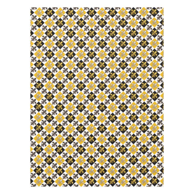Yellow Black White Checkered Fleur-de-lis Design  Tablecloth (Front)