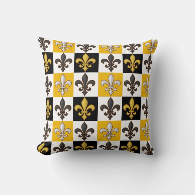 Yellow Black White Checkered Fleur-de-lis Design  Throw Pillow (Front)