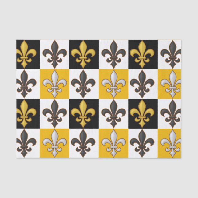 Yellow Black White Checkered Fleur-de-lis Design  Tissue Paper (Front)