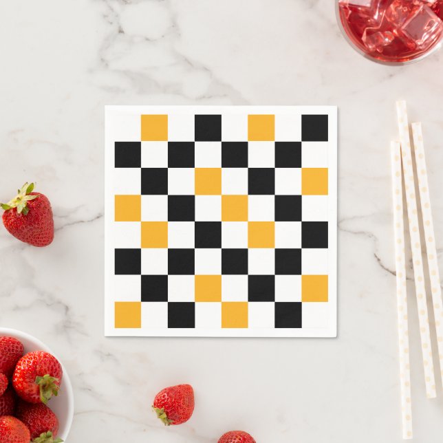 Yellow Black White Checkered Pattern Design  Napkins (Insitu)