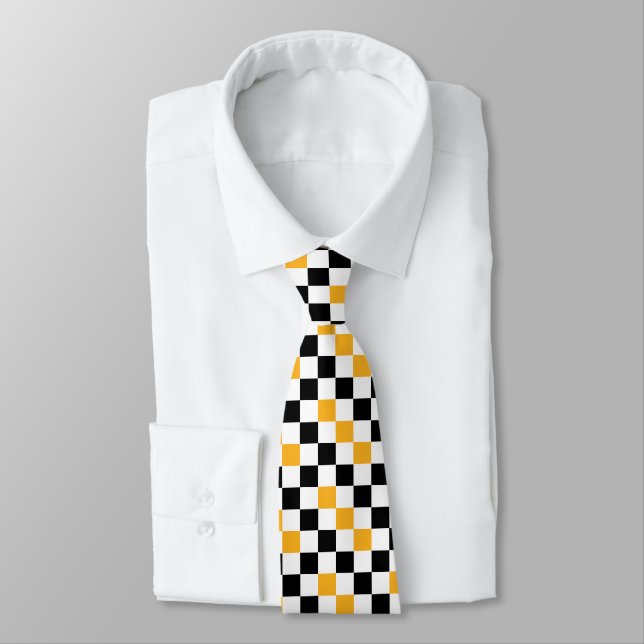 Yellow Black White Checkered Pattern Design  Neck Tie (Tied)