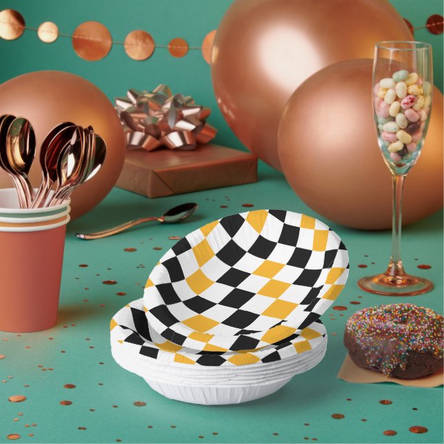 Yellow Black White Checkered Pattern Design  Paper Bowls (Multi)