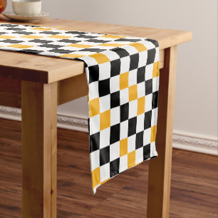 Yellow Black White Checkered Pattern Design  Short Table Runner