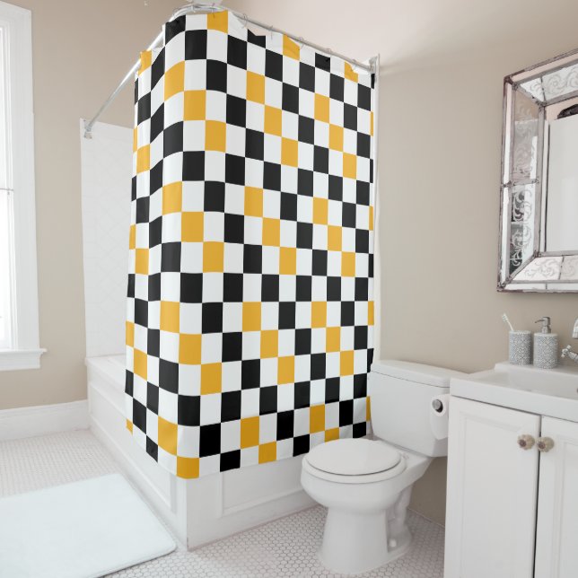 Yellow Black White Checkered Pattern Design  Shower Curtain (In Situ)